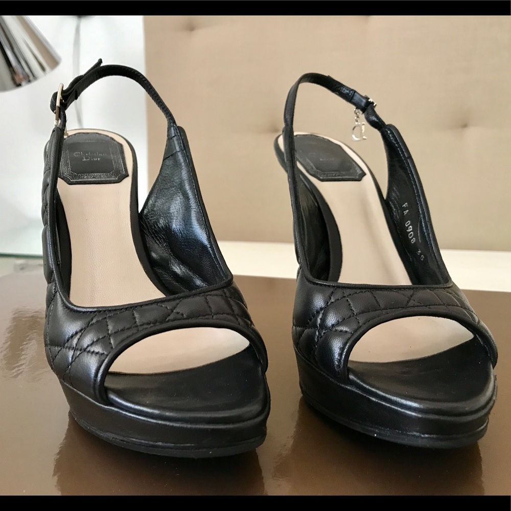 Auth Dior black cannage peep toe platform sandal